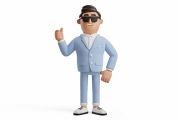 A 3D cartoon man in a light blue suit gives a thumbs up, wearing sunglasses.