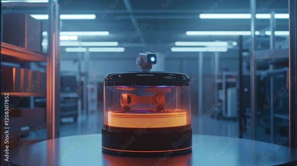 Poster advanced robotic system with camera and glowing orange light managing operations within a modern war