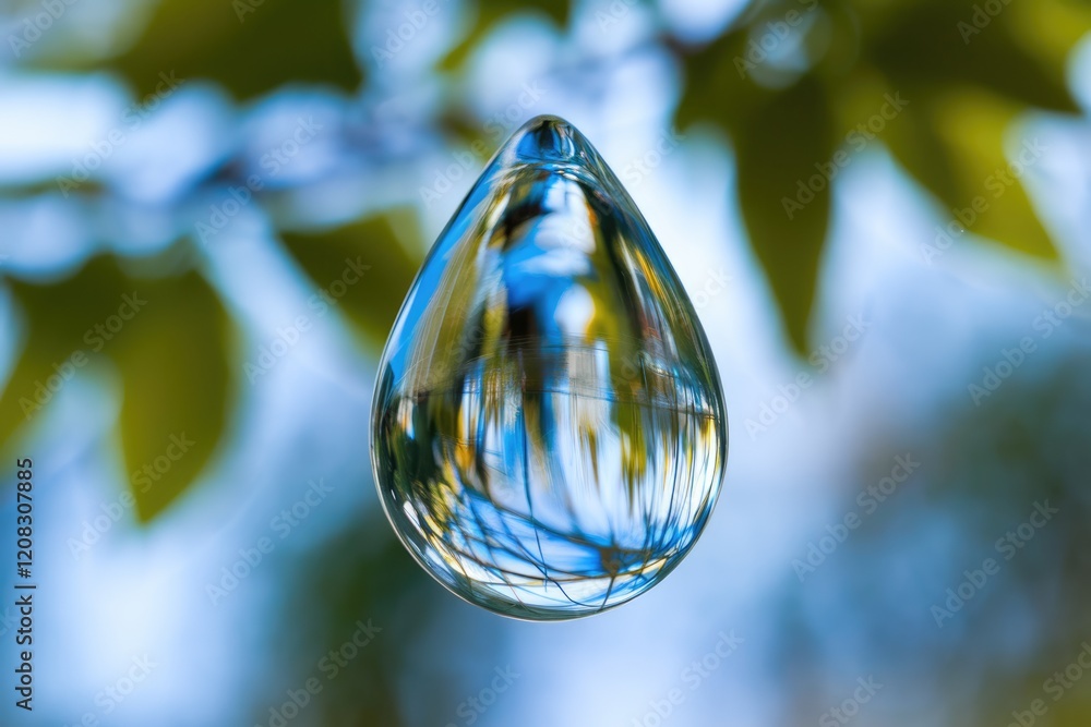 Aufkleber a teardrop-shaped glass orb reflects a blurred background of green leaves and blue sky, creating an 