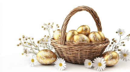 Basket of Golden Easter Eggs with Flowers