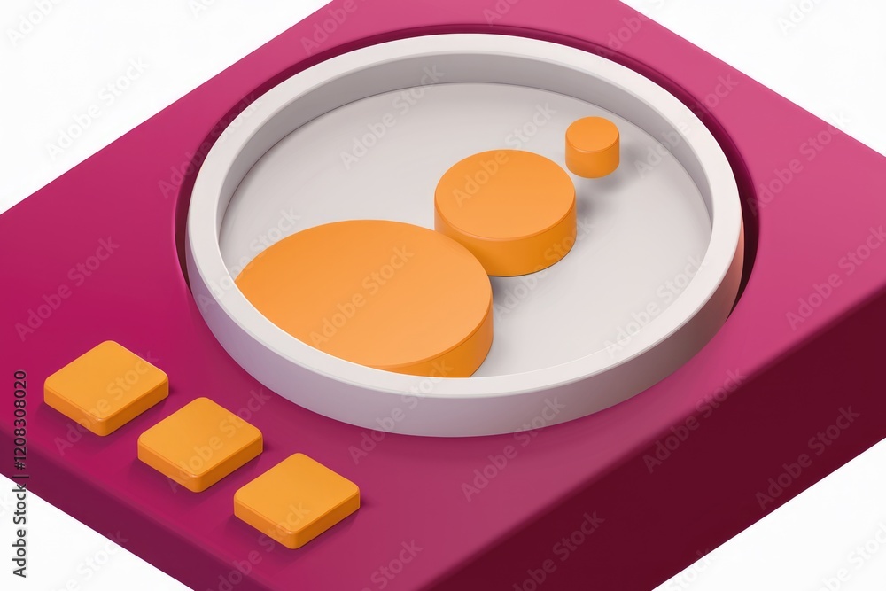 Poster abstract 3d rendering of stacked orange cylinders inside a pink device.