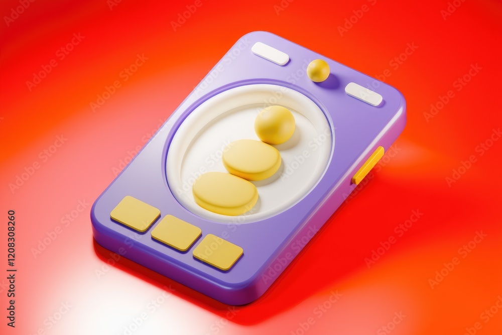 Aufkleber abstract 3d render of a purple device with yellow, round elements inside, on a red background.