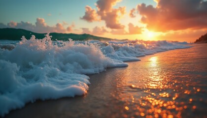 Fototapeta premium an impressive seascape low angle view, a large and beautiful ocean wave on the beach, at sunset, sunlight and wind breaking through the crest of the wave, beautiful nature as a background