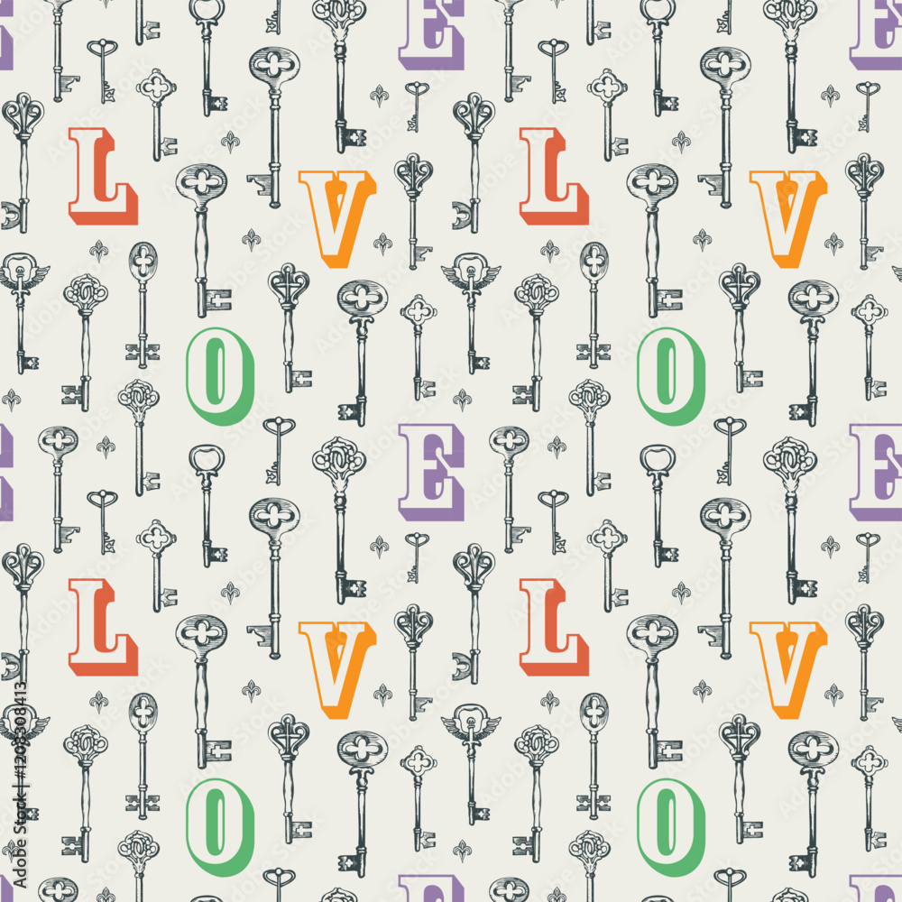 Poster vector seamless pattern on the theme of love with vintage keys and initial letters in retro style. a