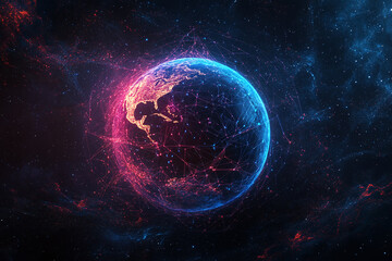 Obraz premium Futuristic Global Network with Digital Connections and Glowing Data Points in a Tech-Inspired Abstract Earth Design