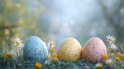 Ultra realistic easter collage with colorful eggs and flowers in nature