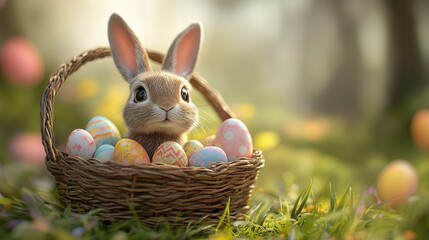 Adorable easter bunny with colorful eggs in basket for holiday decoration