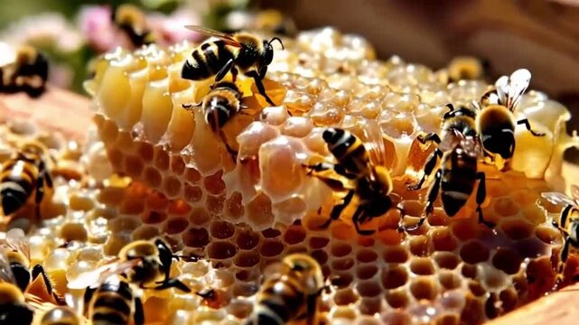 close-up honey bees working honeycomb golden honey or sunny day creating storing honey teamwork or pollination summer production