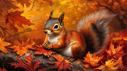 Vibrant autumn landscape with squirrel among colorful leaves