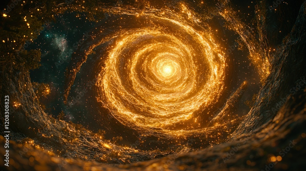 Poster fiery cosmic vortex tunnel in space with starfield background for vfx