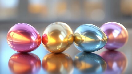 Shiny metallic easter eggs on reflective backdrop