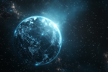 Obraz premium Futuristic Global Network with Digital Connections and Glowing Data Points in a Tech-Inspired Abstract Earth Design