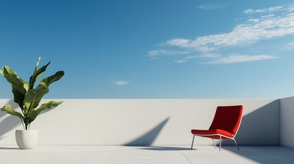 A bold red chair on a minimalist white rooftop deck with neutral furniture