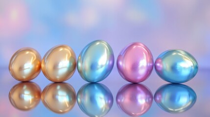 Shiny metallic easter eggs on reflective backdrop