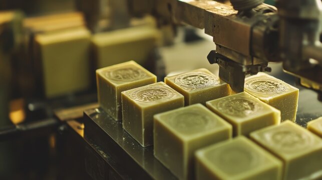 Automated machine is stamping a logo onto freshly made olive green soap bars in a soap factory, showcasing the manufacturing process of hygiene products