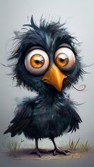 Fototapeta premium Surprised crow chick with сurly feathers: cute bird with big eyes