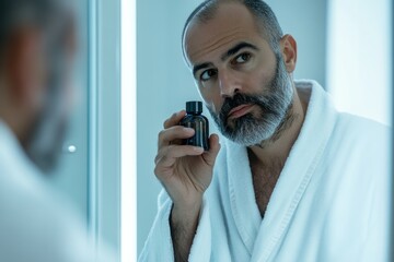 A mature man in a bathrobe examines a dark bottle of grooming product in the bathroom mirror.