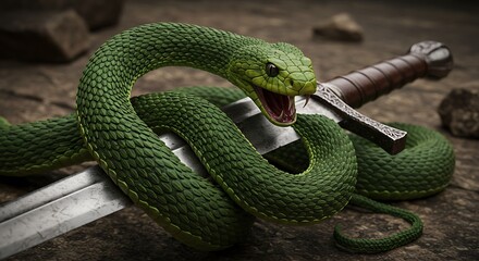 Fototapeta premium Dangerous green snake and ancient sword. Venomous viper. Wildlife danger.