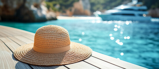 Relaxing seaside getaway with a straw hat on a wooden deck overlooking a luxury yacht in crystal-clear turquoise water