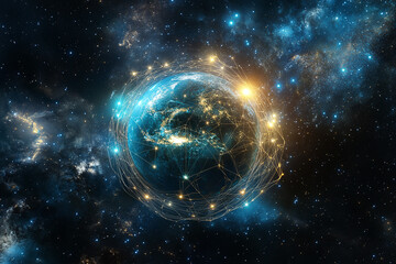 Obraz premium Futuristic Global Network with Digital Connections and Glowing Data Points in a Tech-Inspired Abstract Earth Design