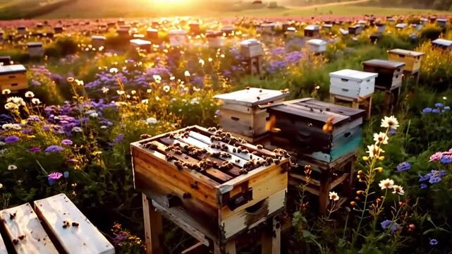 panoramic view beehive golden hour sunlight or bees flying tranquil nature harmony or vibrant ecosystem beekeeping scene