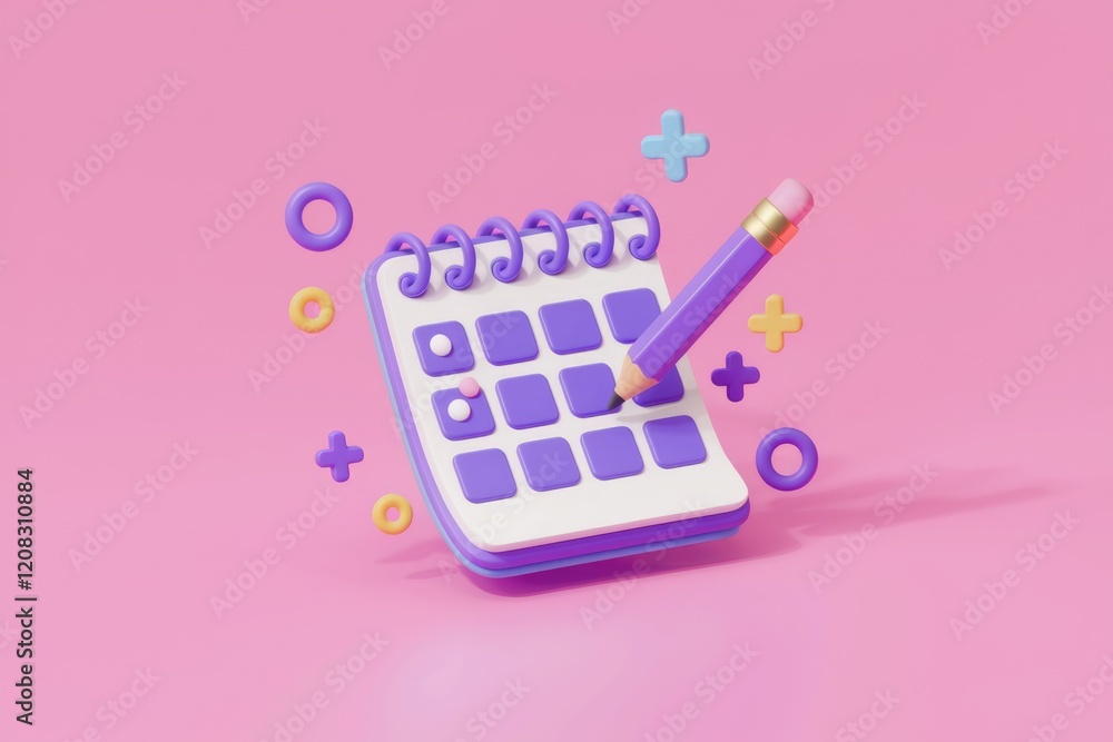 Poster a purple 3d rendered spiral calendar with a pencil marking dates, signifying planning and scheduling