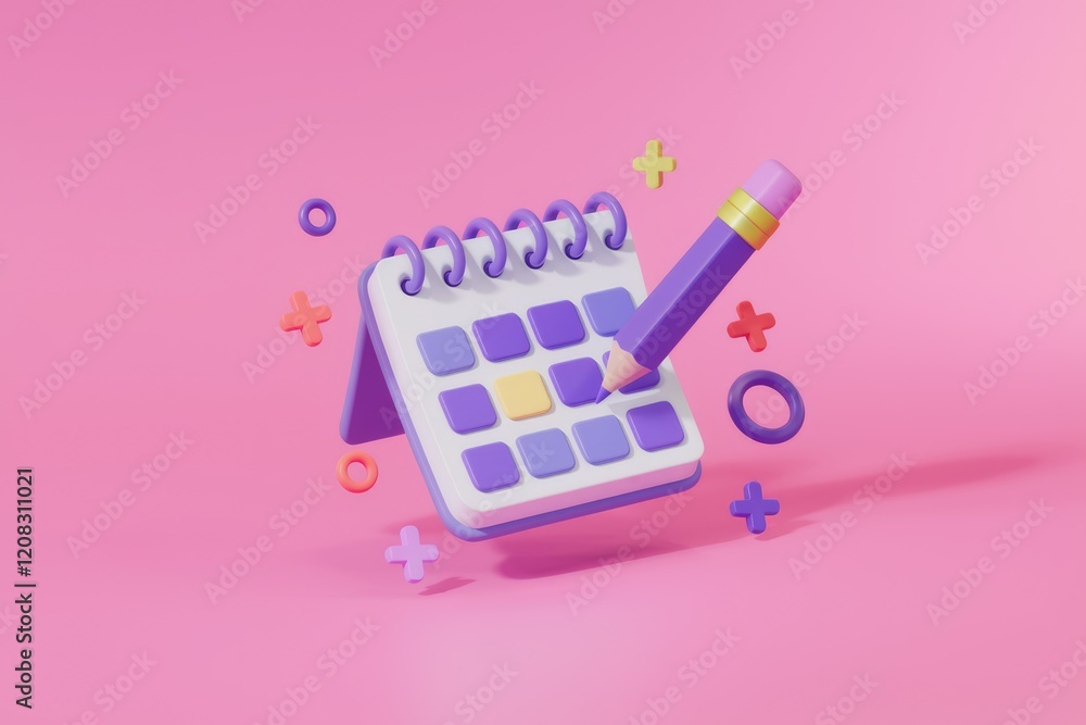 Poster a 3d rendered image of a purple pencil marking a date on a calendar.