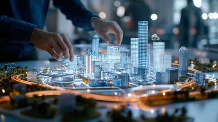 Obraz premium Robot Assisting Architect in Designing Futuristic City Model