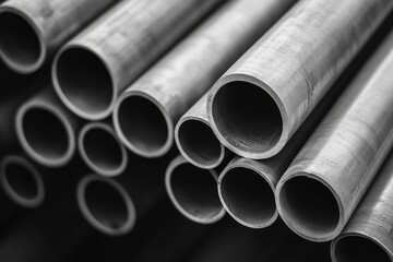 A close-up of metal pipes with smooth, light-reflecting surfaces. Metal tubes with circular edges highlight precision.