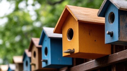 A colorful birdhouse in a garden filled with plain wooden birdhouses