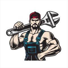 vector mechanic holding a large wrench over his shoulder