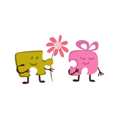 Cartoon puzzles characters, boy and girl. Cute sticker  for Valentine's day. Clip art illustration isolated on white background