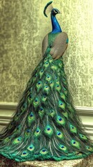 Obraz premium This beautifully posed peacock stands tall in a classic interior, radiating elegance and charm, with its intricate tail feathers unfurled and colorful markings.