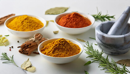 A colorful arrangement of dried herbs and spices in small bowls, including turmeric, paprika, cinnamon, and rosemary, styled on a light background with scattered leaves and a mortar and pestle