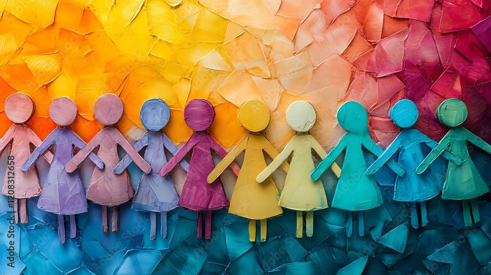 Poster vibrant multicolored paper dolls symbolizing unity and diversity : generative ai