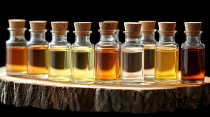 Essential oils collection on wood, dark background, aromatherapy