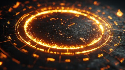 Fiery circular interface glowing, dark background, futuristic tech