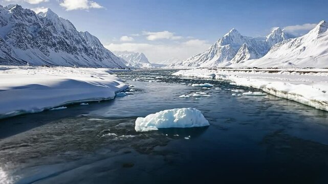 Icebergs floating down a river in svalbard, norway