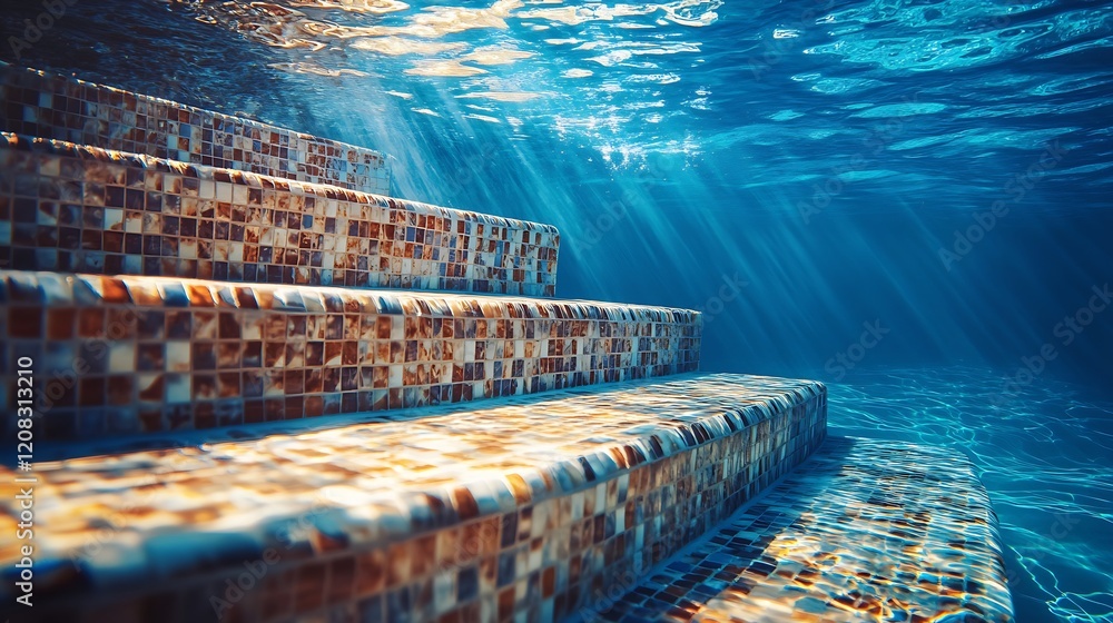 Poster underwater staircase with colorful mosaic tiles and sunlight effects : generative ai