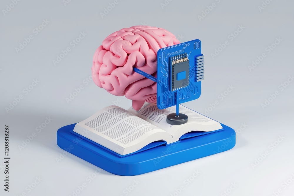 Poster A pink brain model rests on an open book, connected to a microchip, symbolizing knowledge and AI.