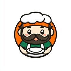 Obraz premium Cartoon chef holds a plate, in a simple, round icon, use for food or cooking projects