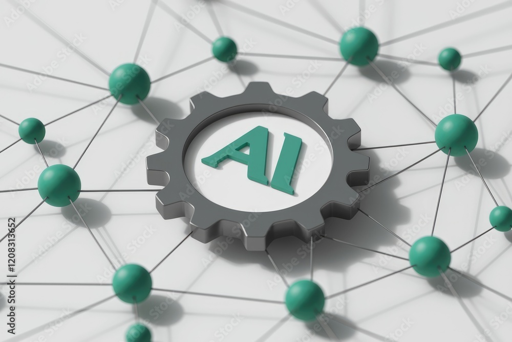 Poster AI-powered network visualized as a gear connected to nodes, representing intelligent systems collaboration.