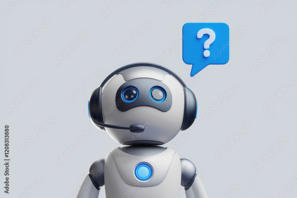 Poster a friendly robot wearing a headset, pondering a question mark.