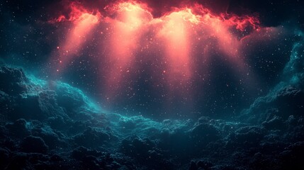 Dramatic red and blue light beams pierce dark, textured cloudscape.