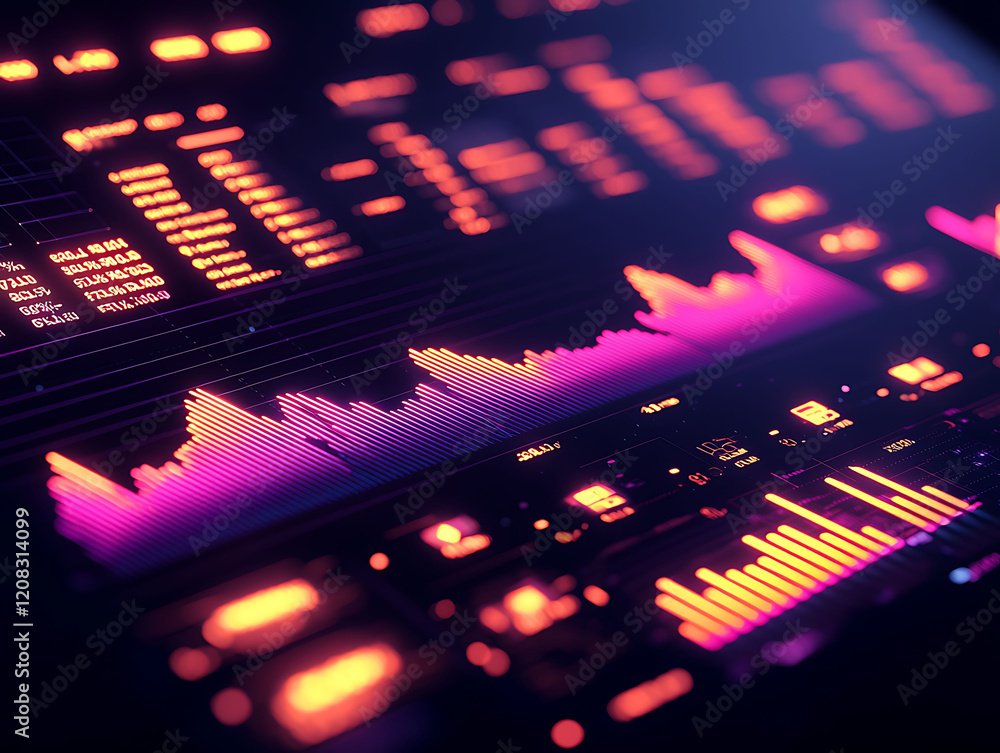 Poster closeup of a vibrant digital screen displaying dynamic financial data, including glowing bar and lin