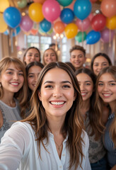 Group of happy people taking a selfie, young Caucasian boys and girls celebrating a party with balloons background 