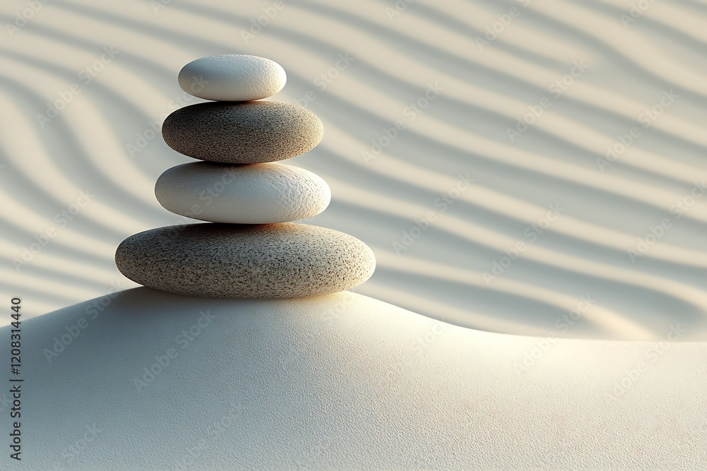 Poster Stacked Stones on Gentle Sand Dune with Subtle Light and Shadow Play : Generative AI