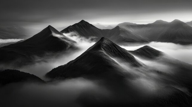 A foggy mountaintop with indistinct shapes in the mist, evoking uncertainty and isolation