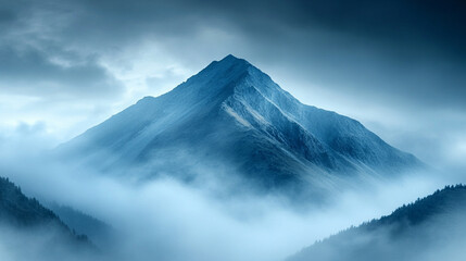 A distant mountain peak partially hidden by clouds suggesting mystery with a bright tone and modern blur, leaving empty space for a caption or interpretation
