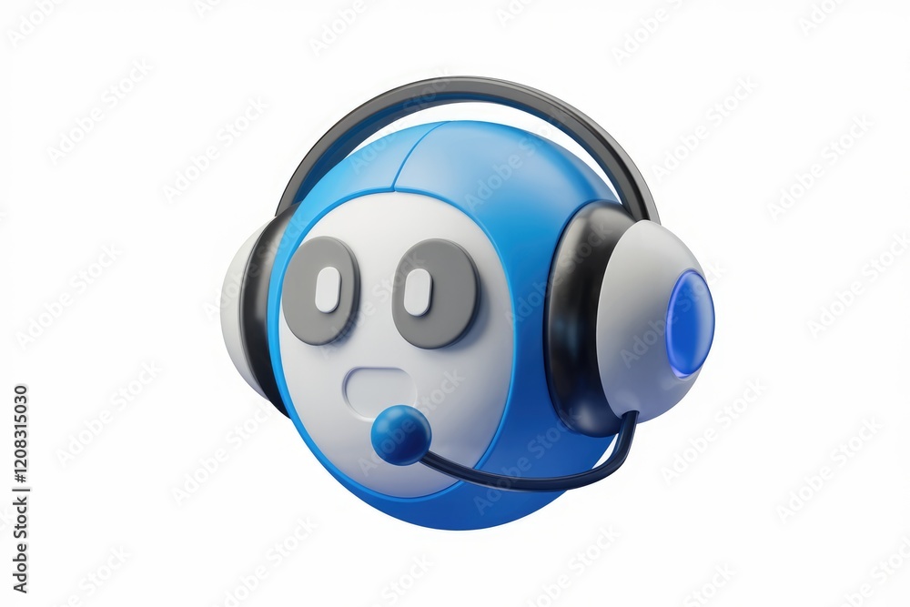 Poster a 3d rendering of a surprised blue robot wearing a headset, providing customer support.